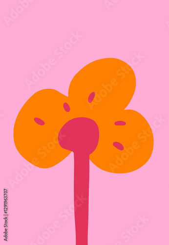 Bright flower against a vibrant background with leaf design in cutout style. Hand-drawn simple botanical illustration