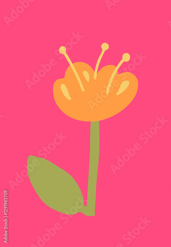 Bright flower against a vibrant background with leaf design in cutout style. Hand-drawn simple botanical illustration