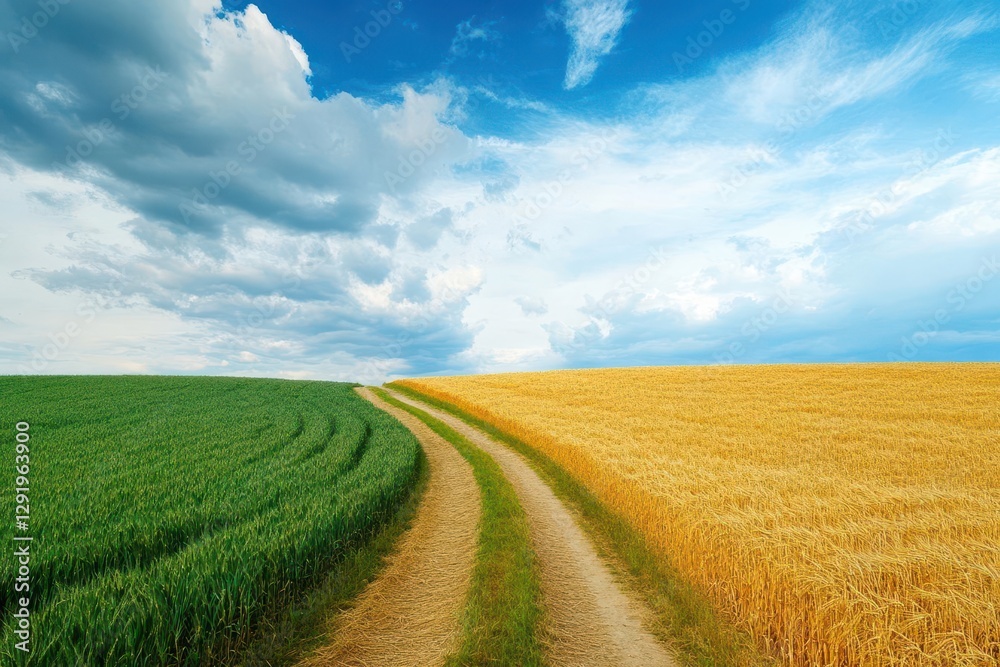 forked paths wind through a golden field one lush with greenery the other barren under a vast sky of ecoconscious choice forked paths wind through a golden field one lush with greenery the other barren under a vast sky of ecoconscious choice