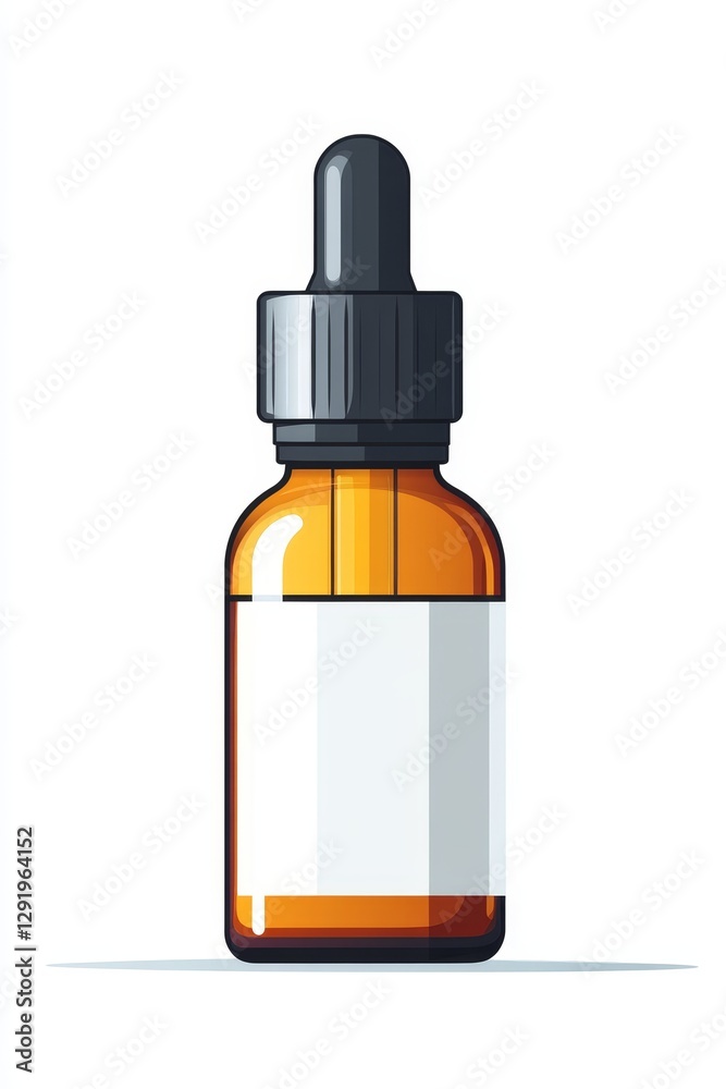Minimalistic illustration of a dropper bottle with a blank label, featuring a black dropper cap and amber glass body Minimalistic illustration of a dropper bottle with a blank label, featuring a black dropper cap and amber glass body