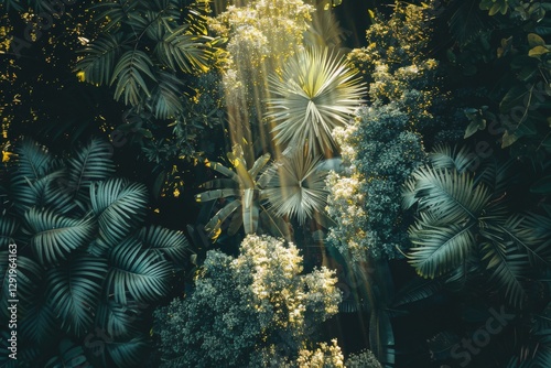 Lush tropical foliage captured under soft sunlight in a serene green environment