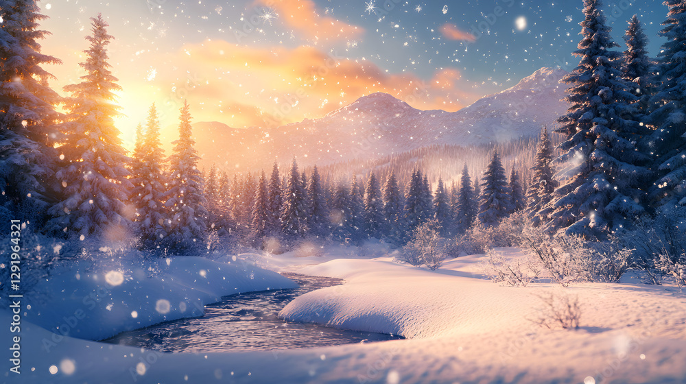 A snowy landscape with trees, mountains, and a stream under the sunset sky.
