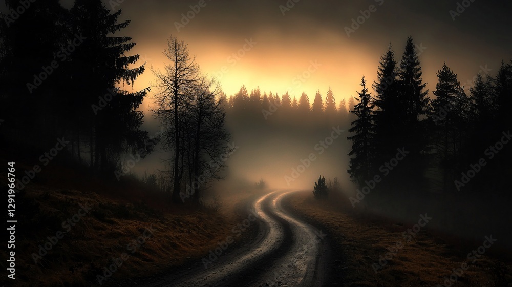 Misty forest road winding uphill at dawn. Misty forest road winding uphill at dawn.