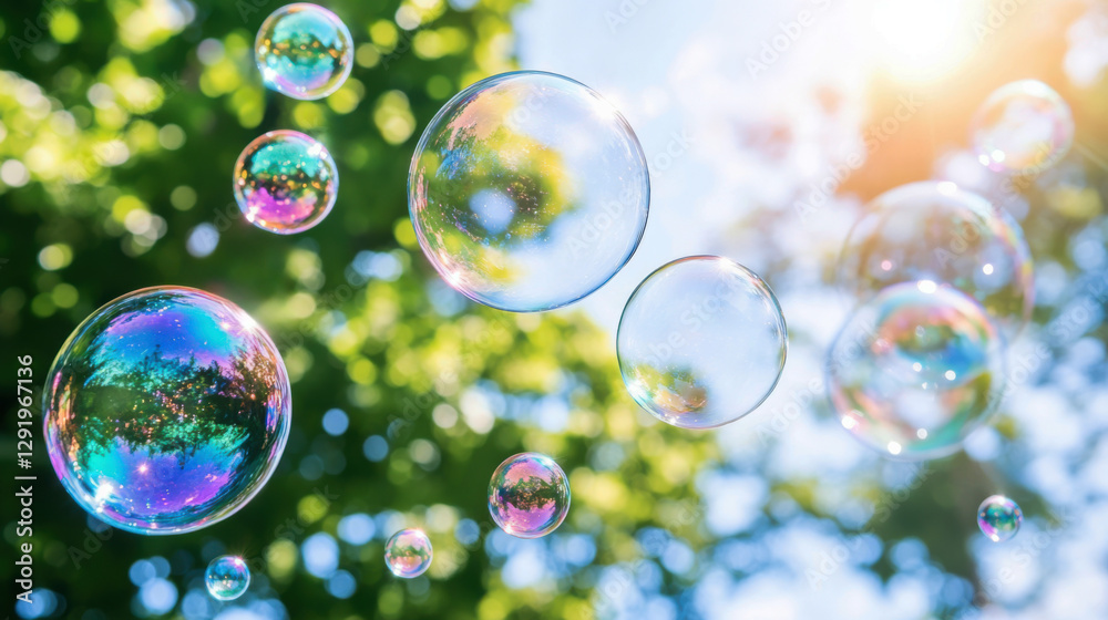 Colorful soap bubbles in the air with sunlit bokeh background. Joy, childhood memories, and carefree summer moments.Floating soap bubbles reflecting sunlight. Colorful soap bubbles in the air with sunlit bokeh background. Joy, childhood memories, and carefree summer moments.Floating soap bubbles reflecting sunlight.