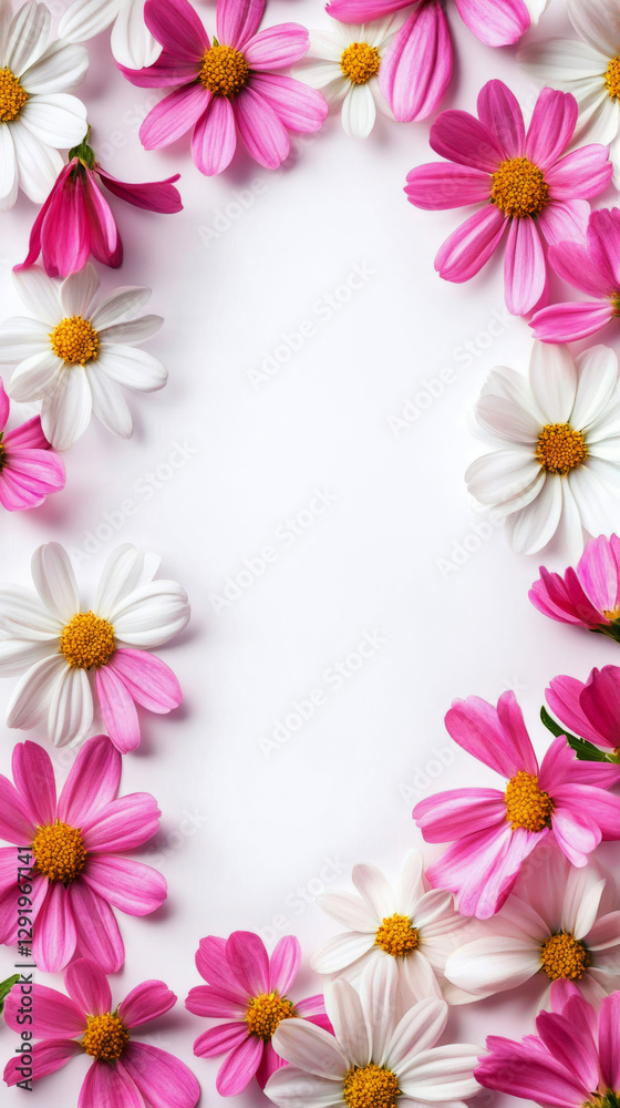 A top view of wild pink and white flowers, chaotically arranged around empty space for text, framed by nature beauty with a clean white background, offering a fresh, minimal feel A top view of wild pink and white flowers, chaotically arranged around empty space for text, framed by nature beauty with a clean white background, offering a fresh, minimal feel