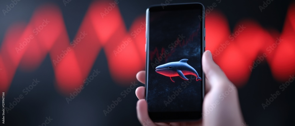 Whale on a phone screen showing a stock chart in the background