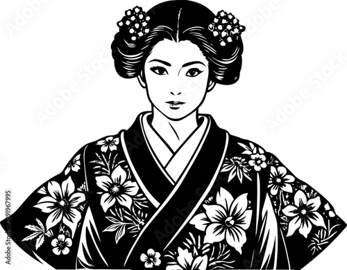 Geisha in traditional kimono, surrounded by detailed blooming flowers and foliage sketch engraving vector