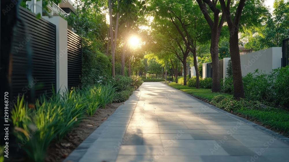Black horizontal slats form a contemporary gate, complementing a bright garden pathway under natural daylight with lush greenery Black horizontal slats form a contemporary gate, complementing a bright garden pathway under natural daylight with lush greenery