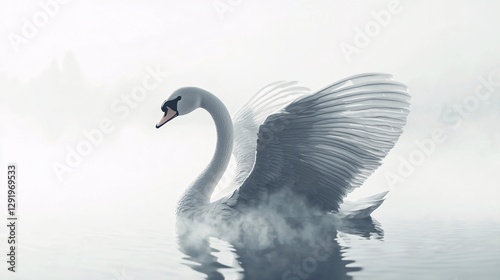 Fototapeta Naklejka Na Ścianę i Meble -  swan with its wings slightly spread, standing in a misty, dreamlike environment, evoking the melancholy of one-sided love, isolated on a white background. swan, wings spread, misty, dreamlike, 