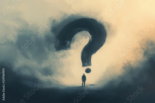 giant question mark looms in smoky grays over a figure at a vibrant crossroads casting a surreal shadow of doubt and choice