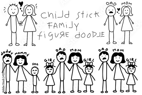 children simple doodle of family figure with writings, messy, minimalistic drawing. Member of families, happy together, smiling, values. Bonding and gathering father, mother, and kids (son, daughter)