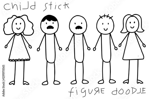 Set of doodle kids figures drawing. Collection of happy cartoon characters stickman. Vector illustration of cute emotion stick figures of males and females. Hand-drawn. Outline, minimalistic.