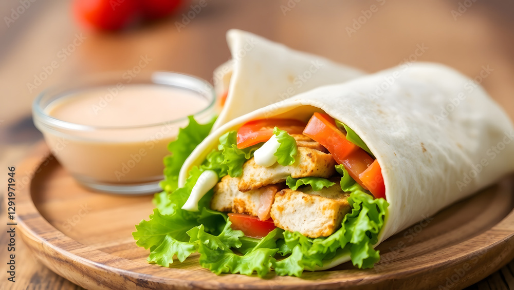 close up shot of a mouthwatering chicken wrap with fresh vegetables and dipping sauce close up shot of a mouthwatering chicken wrap with fresh vegetables and dipping sauce
