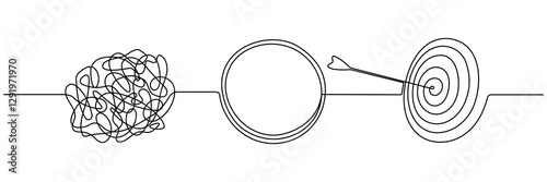 Chaotic and mess lines with target continuous one line drawn. Achieve goal symbol. Problem solving concept. Vector illustration isolated on white.