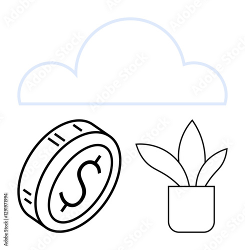 Cloud outline, dollar coin tilted upwards, and potted plant. Ideal for finance, sustainability, technology, growth, investment eco-economy digital transformation. Abstract line flat metaphor