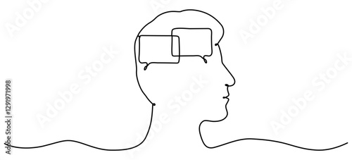Human head with speech bubble continuous line drawing. Dialog or monolog symbol. Conversation sign. Communication process. Vector illustration isolated on white.
