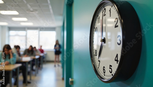 A large clock on a classroom wall shows time running out as students take their final exam. This image represents exam stress, timed tests, and the pressure of academic assessments. photo