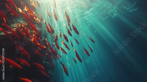 Underwater sunbeams illuminate school of red fish near rock face