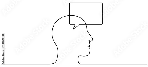 Human head with speech bubble continuous line drawing. Dialog or monolog symbol. Conversation sign. Communication process. Vector illustration isolated on white.