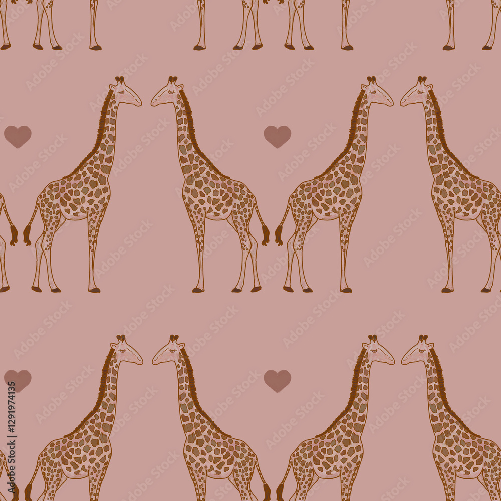 Obraz premium Seamless pattern of wild animals. Giraffe and hearts texture for children's textiles, room, gift wrapping. Delicate color monochrome illustration of African zoo