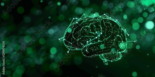 A luminous digital brain hovers over a vibrant green backdrop filled with abstract light particles, embodying artificial intelligence, technology, and data, copy space.