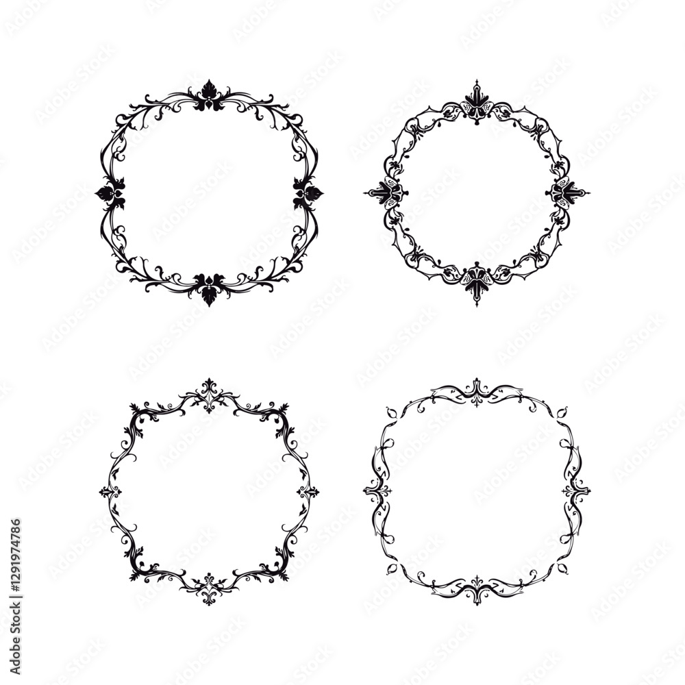 Dark classic antique ornament, floral oval, vector royal baroque border, and Gothic old frame set. Rococo magic, Victorian elegance, and elaborate decorating with copy space. Perfect for embroidery, w Dark classic antique ornament, floral oval, vector royal baroque border, and Gothic old frame set. Rococo magic, Victorian elegance, and elaborate decorating with copy space. Perfect for embroidery, w