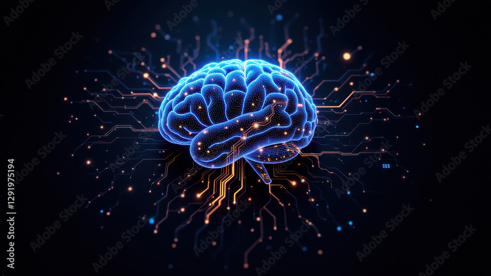 Obraz premium A futuristic illustration of a human brain with glowing neural pathways merging into an advanced AI system, representing artificial general intelligence (AGI).