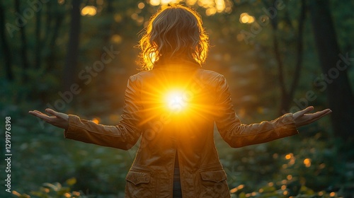 Woman in Forest, Sunlit Back, Serenity