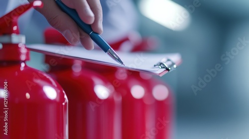 Obraz na płótnie checking fire extinguishers with a pen and clipboard w salonie