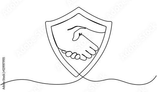Handshake in shield badge continuous line drawing. Business deal concept. Security partnership symbol. Agreement sign. Vector illustration isolated on white.