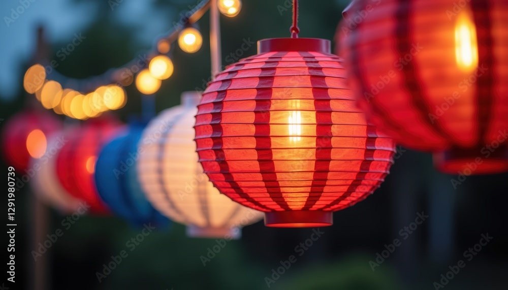 Red, white, blue paper lanterns hang outside on street, decoration for 4th of July celebration. National and traditional colors. Preparing for celebration. French flag colors, Bastille day decoration Red, white, blue paper lanterns hang outside on street, decoration for 4th of July celebration. National and traditional colors. Preparing for celebration. French flag colors, Bastille day decoration