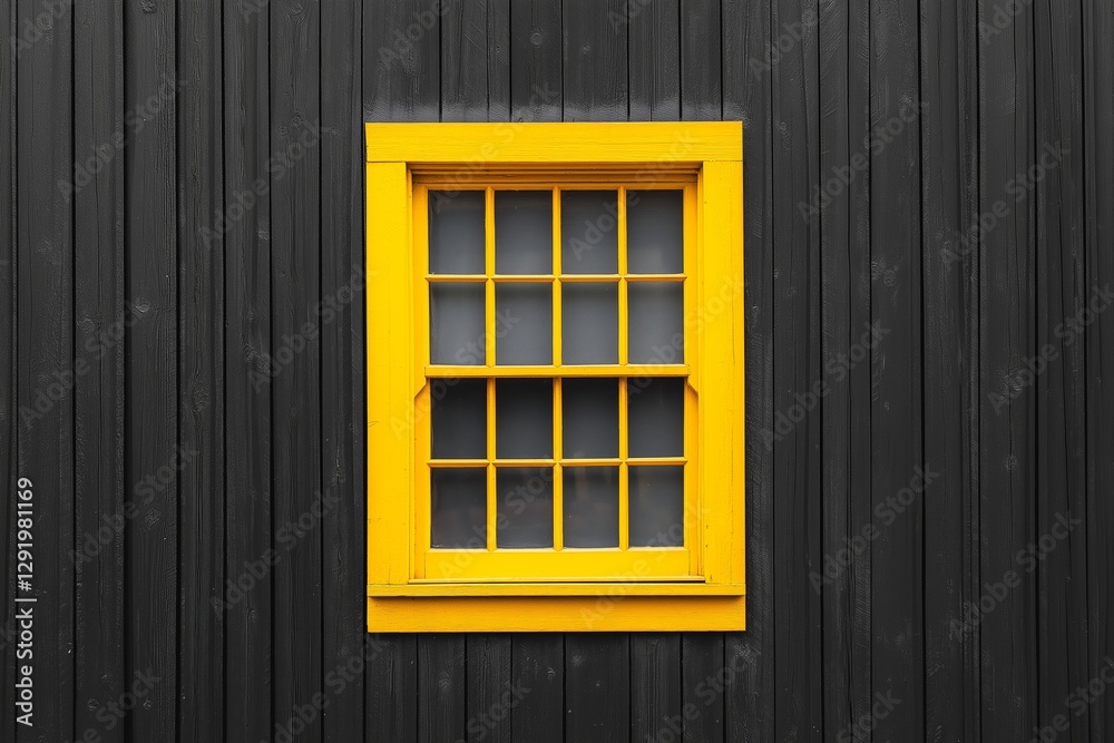 A vibrant yellow window juxtaposed against a dark wall creates an intriguing visual. A vibrant yellow window juxtaposed against a dark wall creates an intriguing visual.