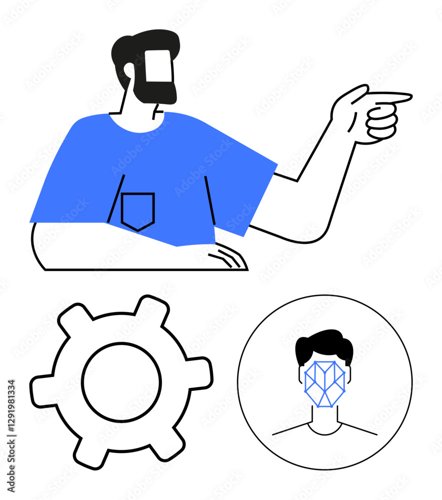 Man gesturing forward, gear for systems and processes, facial recognition icon for AI. Ideal for innovation, guidance, technology, automation, digital identity, machine learning abstract line flat Man gesturing forward, gear for systems and processes, facial recognition icon for AI. Ideal for innovation, guidance, technology, automation, digital identity, machine learning abstract line flat