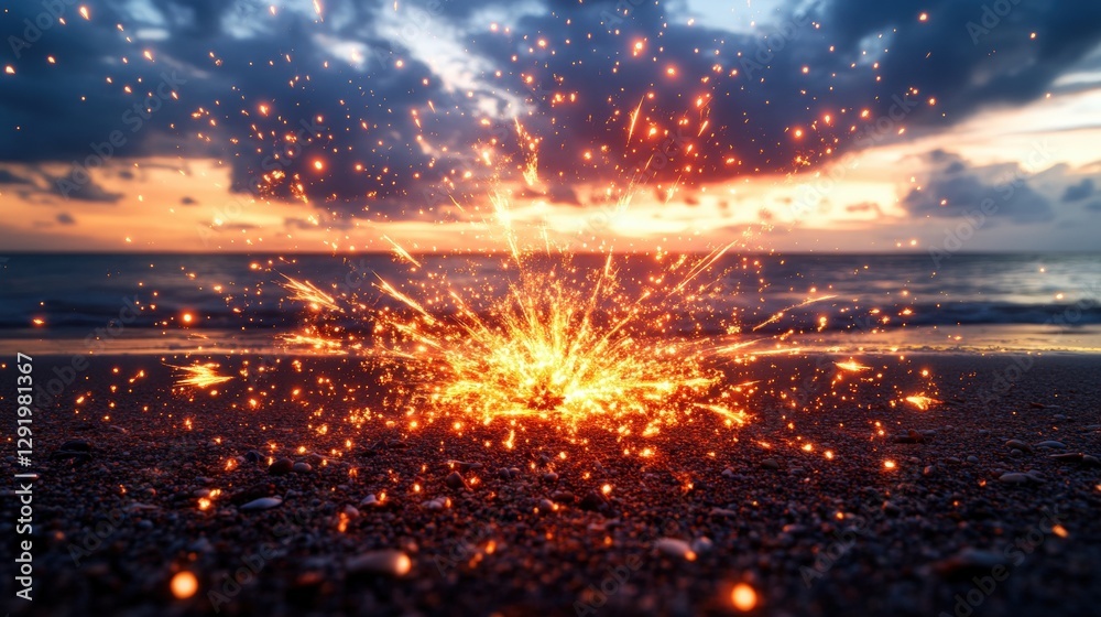 Fototapeta premium Fireworks exploding over a calm beach during a vibrant sunset with silhouette of people watching