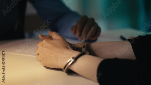 Close-up of a male detective interrogating an arrested woman at police station