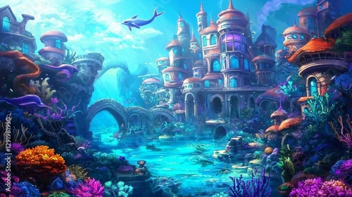 An enchanting underwater city nestled within a colorful coral reef.