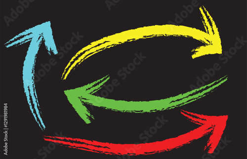 Set of colorful hand drawn grunge doodle spiral and curved chalk arrows on black background. eps10