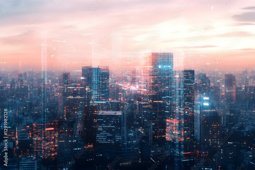 Double exposure of a modern cityscape blended with digital data visualizations at dusk Double exposure of a modern cityscape blended with digital data visualizations at dusk