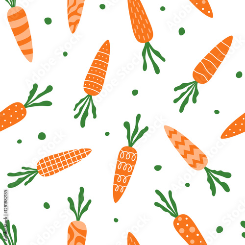 Seamless pattern with hand drawn doodle carrots with ornament. Easter theme background. Abstract flat design. Vegetable, healthy vegan food wallpaper. Vector illustration.