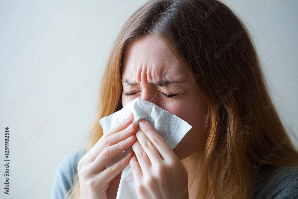 Woman experiences discomfort while blowing her nose with a tissue during a period of illness in a calm indoor setting Woman experiences discomfort while blowing her nose with a tissue during a period of illness in a calm indoor setting