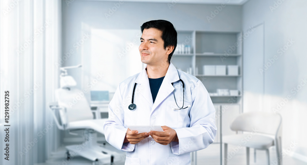 Doctor preparing for look after patient while holding document. Professional asian doctor wearing lab coat and stethoscope and standing at white modern office with blurring background. Ingenuity.