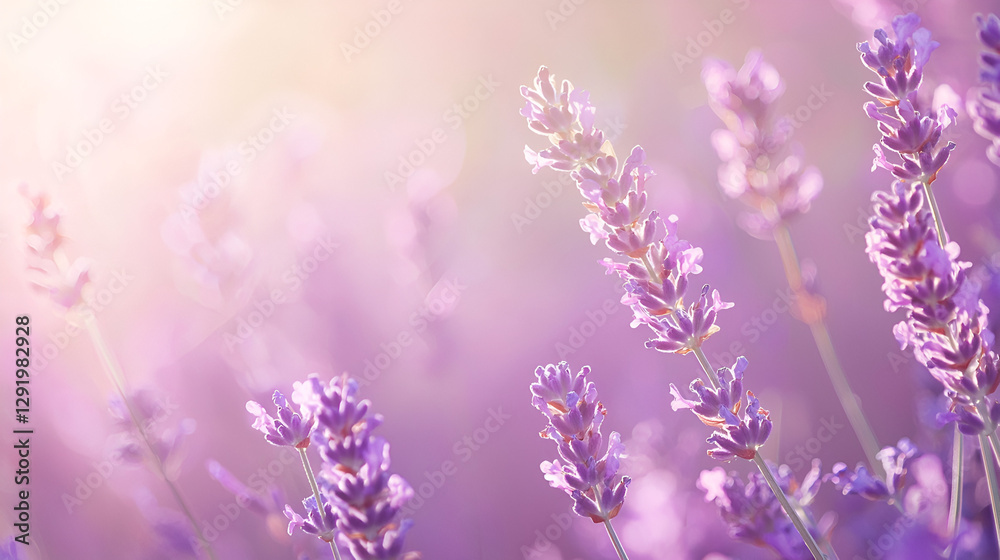 Naklejka premium Bathed in sunlight, delicate lavender blossoms sway gently in the breeze, their purple hues creating a serene and tranquil atmosphere. A breathtaking display of nature's artistry.