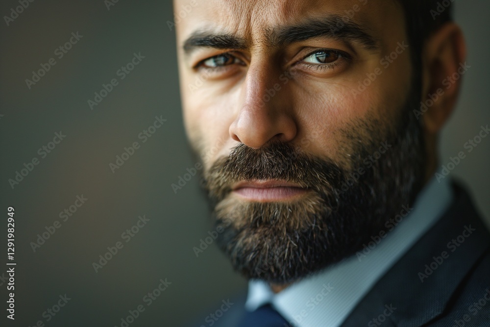 Fototapeta premium Close-up portrait of a Middle-Eastern man with a beard, conveying determination and focus in a professional setting.