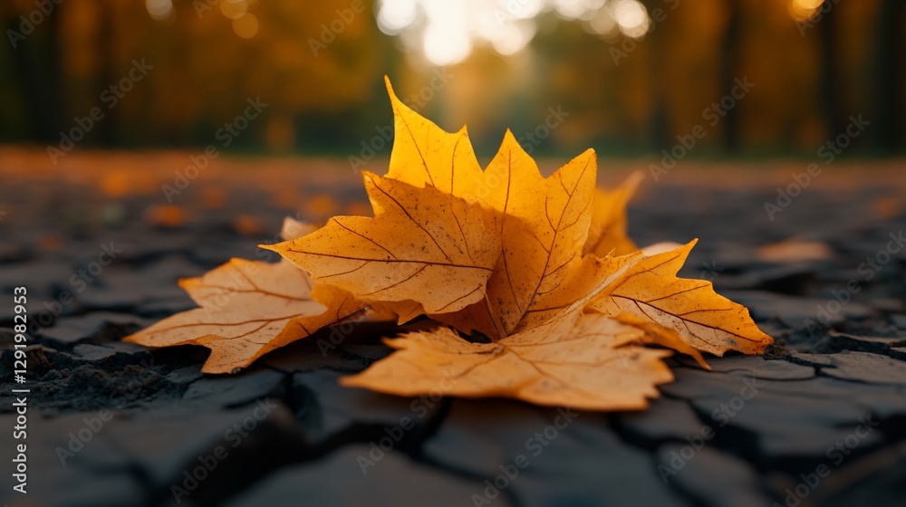 Autumn leaves on path, park background, fall mood, nature scene