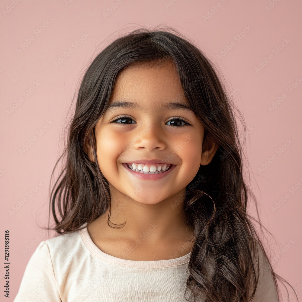 A joyful Hispanic girl around 8-10 years old, smiling on a pastel plain background, capturing the essence of youthful innocence and happiness in commercial advertising A joyful Hispanic girl around 8-10 years old, smiling on a pastel plain background, capturing the essence of youthful innocence and happiness in commercial advertising