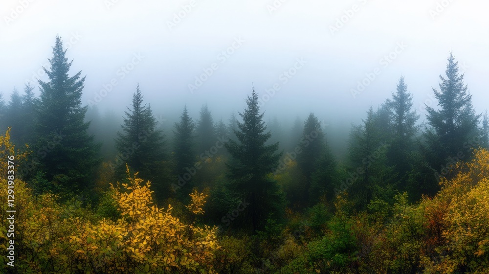 Misty forest with autumn foliage in the mountains Misty forest with autumn foliage in the mountains