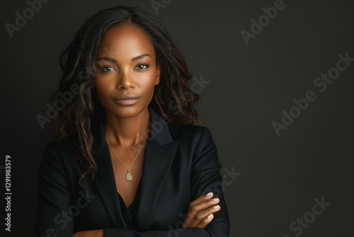A confident Black woman with long hair, wearing a black outfit, poses elegantly against a dark background.