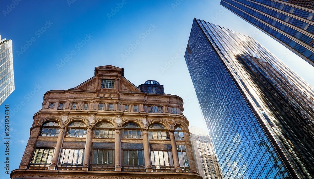 Naklejka premium a historical building with ornate windows sits harmoniously between sleek modern skyscrapers with reflective glass panels symbolizing the blend of old and new architecture