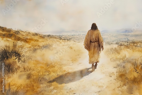 jesus strides across a dusty path in watercolor hues of ochre and sienna robes flow in a warm breeze arid landscape fades into a hazy horizon soulful mood