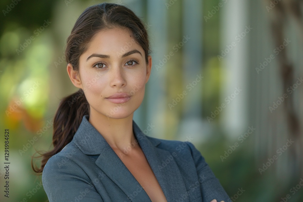 A confident young woman of mixed ethnicity in a professional gray suit poses outdoors with a thoughtful expression. A confident young woman of mixed ethnicity in a professional gray suit poses outdoors with a thoughtful expression.
